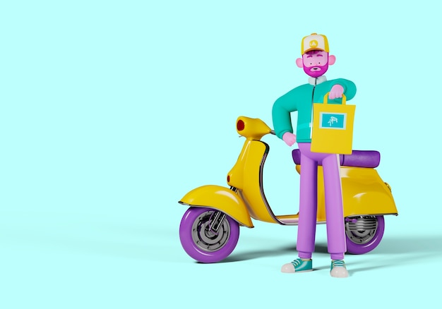 3d illustration of delivery man character holding bag with scooter