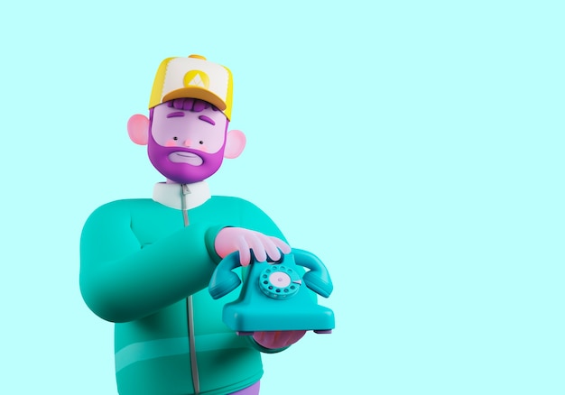 3d illustration of delivery man character with rotary phone