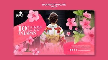 Horizontal banner for traveling to japan with woman and cherry blossom