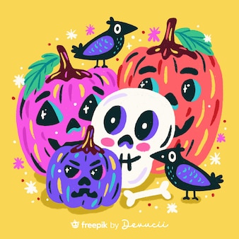 Illustration of pumpkins, skull and birds